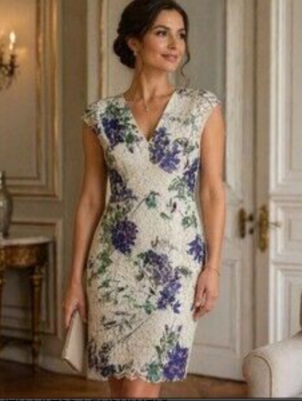 DKNY V-Neck Floral Lace Sheath Dress - Ivory with Purple & Green
